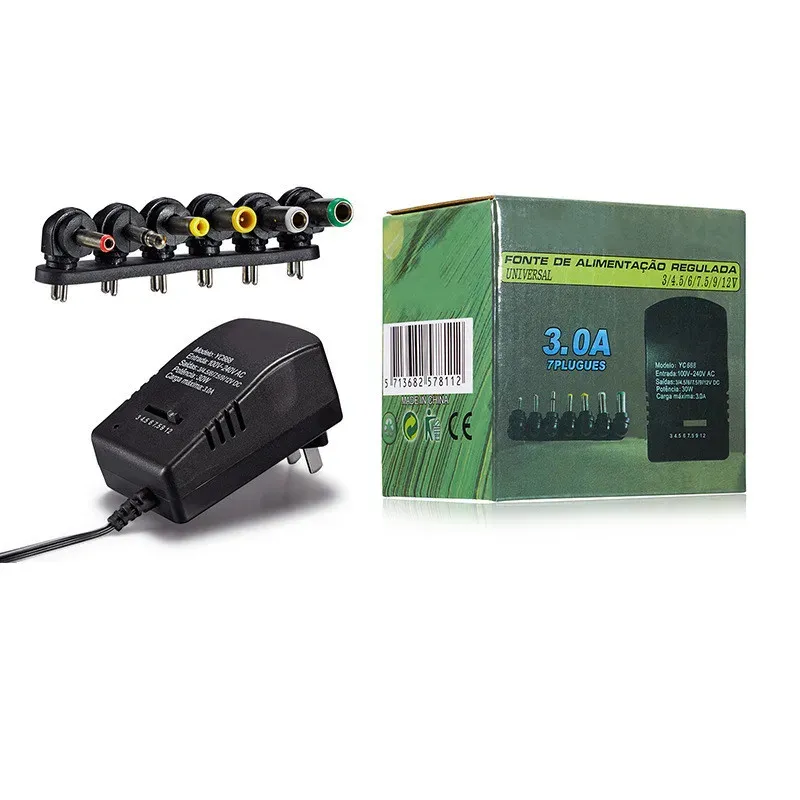 AC 220 V auf 3 V – 12 V, schaltbarer, einstellbarer Netzteiladapter, 12 V DC Universal-Netzteil, 3, 5, 9, 12 V Volt, 3 A, 30 W Kabel, 7 Stecker