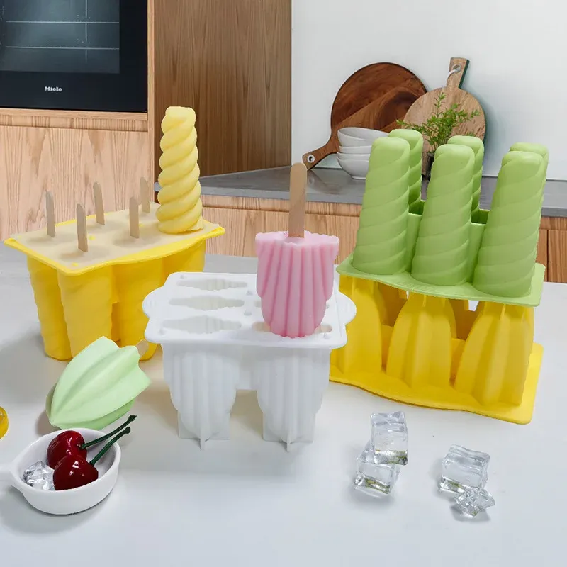 Neue 6-Loch-Silikon-Eiscreme-Formen, Eis am Stiel-Formen, DIY, hausgemacht, Dessert, Fruchtsaft, Eis, Pop-Würfel, Stereo-Form mit Abdeckstäben