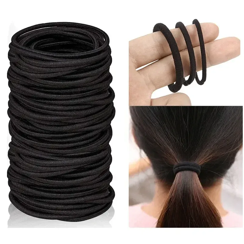 50 stücke Frauen Mädchen Haar Gummibänder Haar Krawatte Seile Elastische Haarband Pferdeschwanz-halter Stirnbänder Scrunchies Schwarz 3mm,4mm,6mm