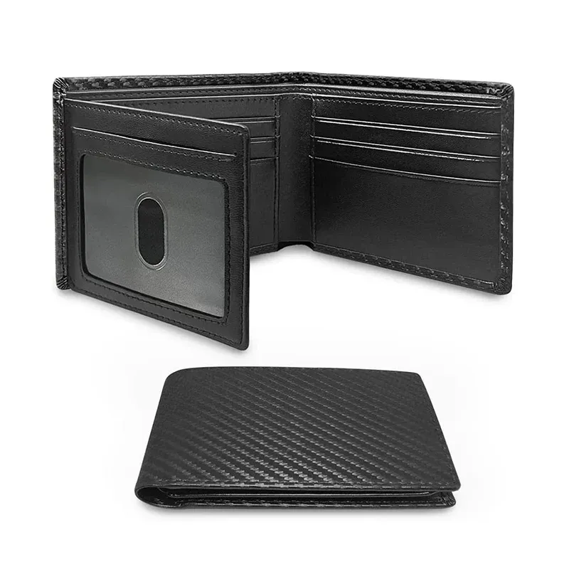 Schlanke, minimalistische, dreifach gefaltete Geldbörse aus Kohlefaser, RFID-blockierende Herrenbrieftasche mit Ausweisfenster und 9 Kartenfächern