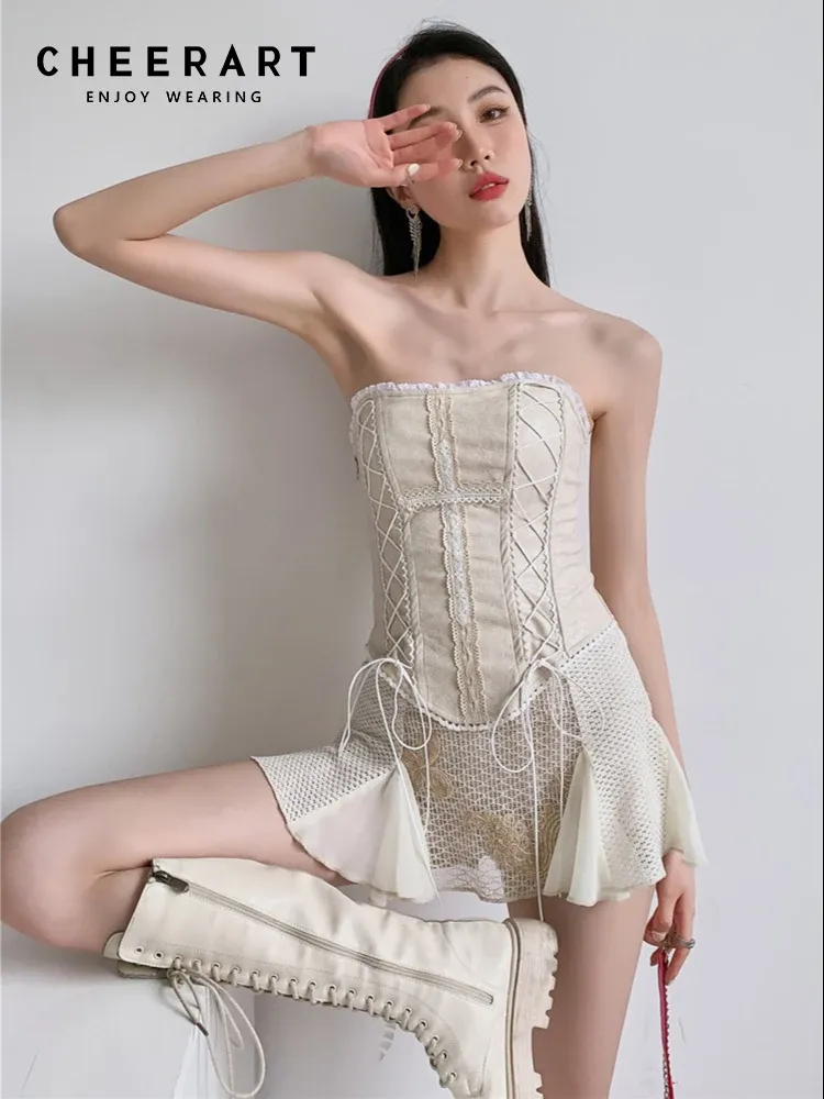CHEERART Renaissance 2 Stück Bandage Korsett Top Kreuz Backless Tube Top Beige Bustiers Korsetts Vintage Sommer Top Kleidung