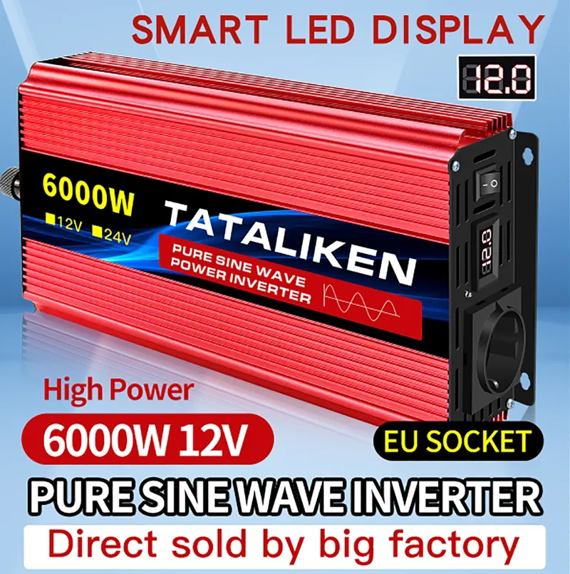 Reiner Sinus-Wechselrichter, 12 V auf 220 V, 50 Hz, 2500 W, 3500 W, 4500 W, 5000 W, 6000 W DC-AC-Spannungswandler, Netzteil, EU-Buchse