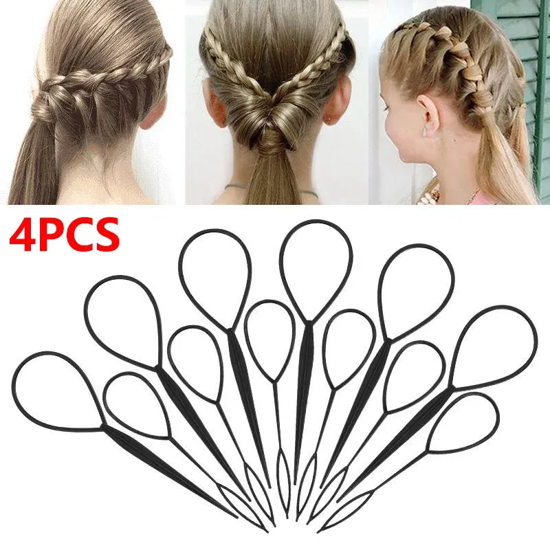 4 stücke schwarzes Haar Puller Topsy Zopf Haar Styling Werkzeuge Kind Mädchen Pferdes chwanz Schöpfer Braut lockiges Haar Hersteller Kunststoff Schleife Zubehör
