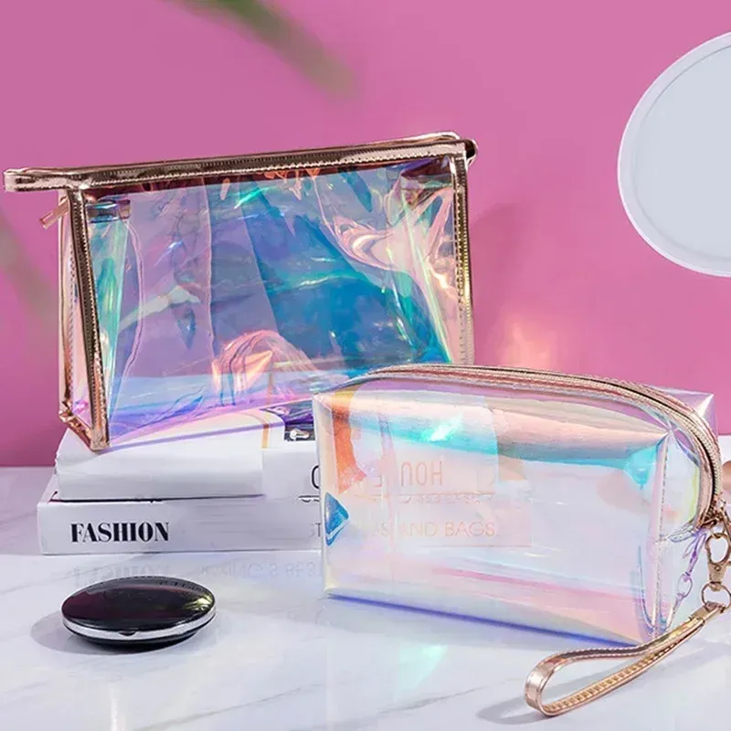 PVC Wasserdichte Transparente Kosmetik Tasche Waschen Kulturbeutel Make-Up Tasche Organizer Weibliche Mädchen Laser Farbe Zipper Make-Up Schönheit Fall