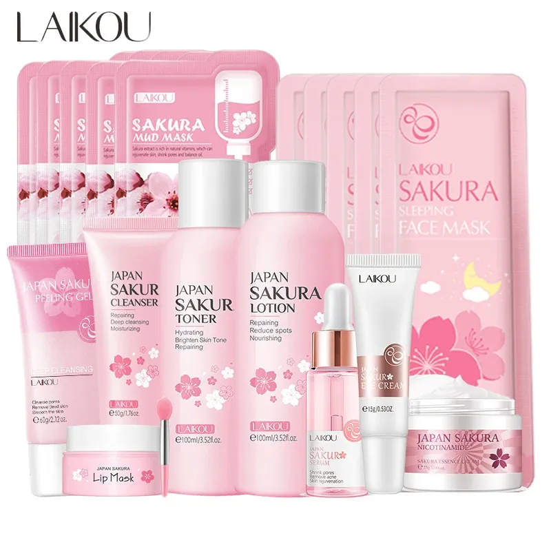 Sakura Gesichtsreiniger Koreanisches Gesichtsserum Peeling Peeling Gel Befeuchten Toner Augencreme Sonnencreme Kosmetik Hautpflegeset