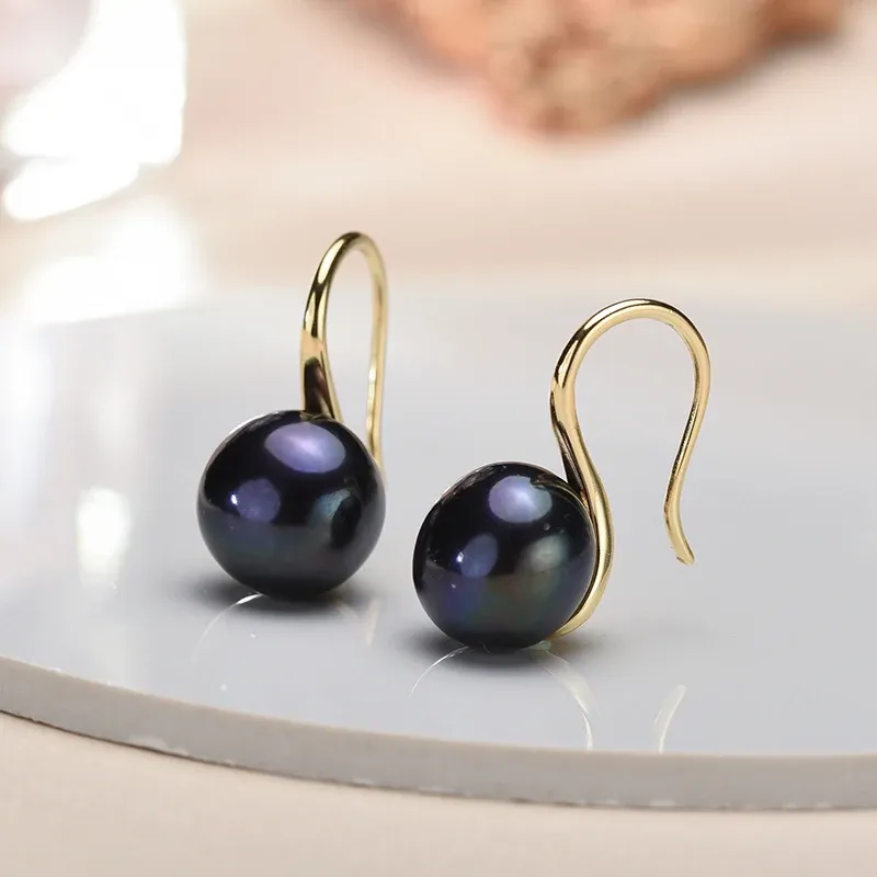 Große 9–10 mm schwarze natürliche Süßwasserperlen-Ohrringe für Frauen und Mädchen, Geschenk, 925er Sterlingsilber-Schmuck, Perlenohrringe, neu eingetroffen