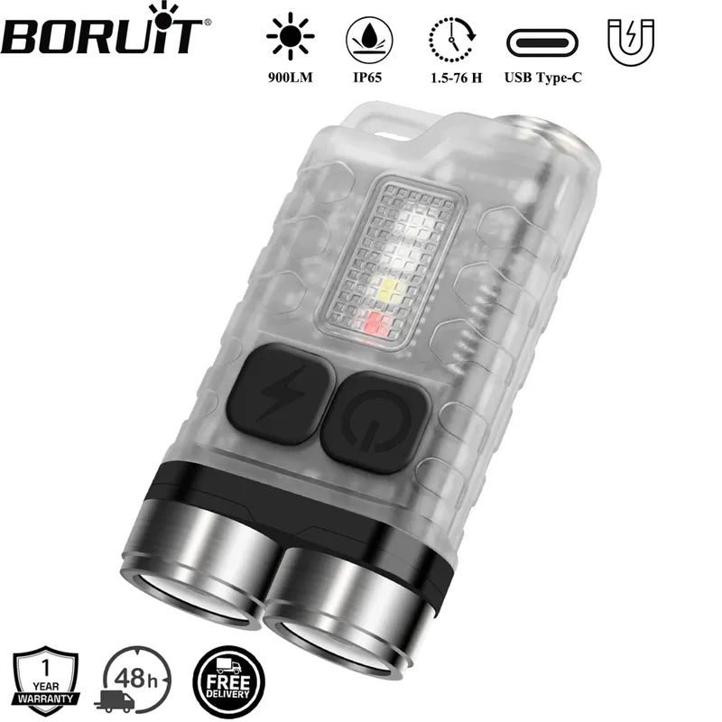 BORUiT V3 LED-Schlüsselanhänger, tragbar, 900 lm, EDC, UV-Taschenlampe, Arbeitslicht, Typ C, wiederaufladbare Mini-Taschenlampe mit Magnet, UV-Taschenlaterne