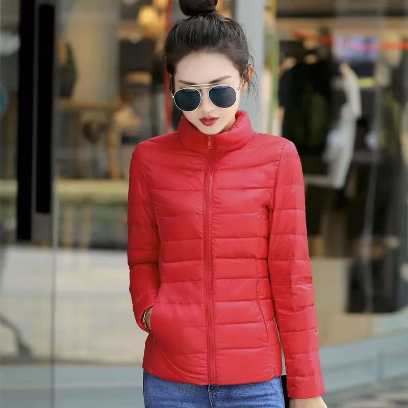 M-8XL Weiße Entendaunenjacke für Damen, Winter, warmer Daunenmantel, leicht, 2023, neu, Stehkragen, Tasche, Reißverschluss, lässige Oberbekleidung