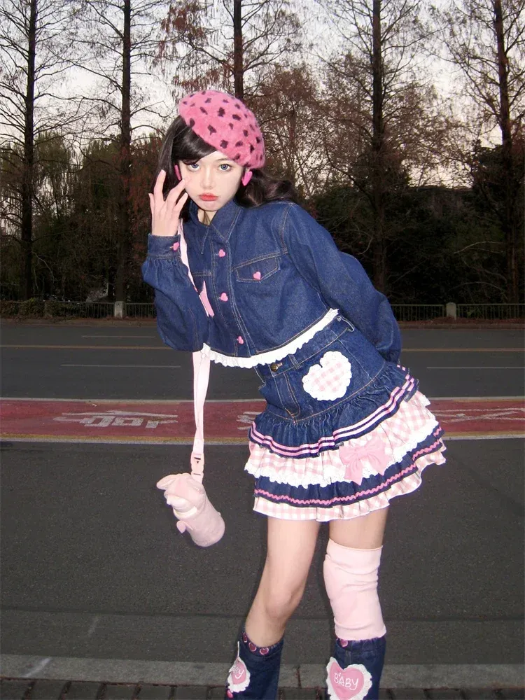 Japanische süße Lolita Miniröcke Ballkleid Frauen Harajuku süße Jeansrock Adrette Mädchen hohe Taille Kawaii Spitze Kuchen Rock