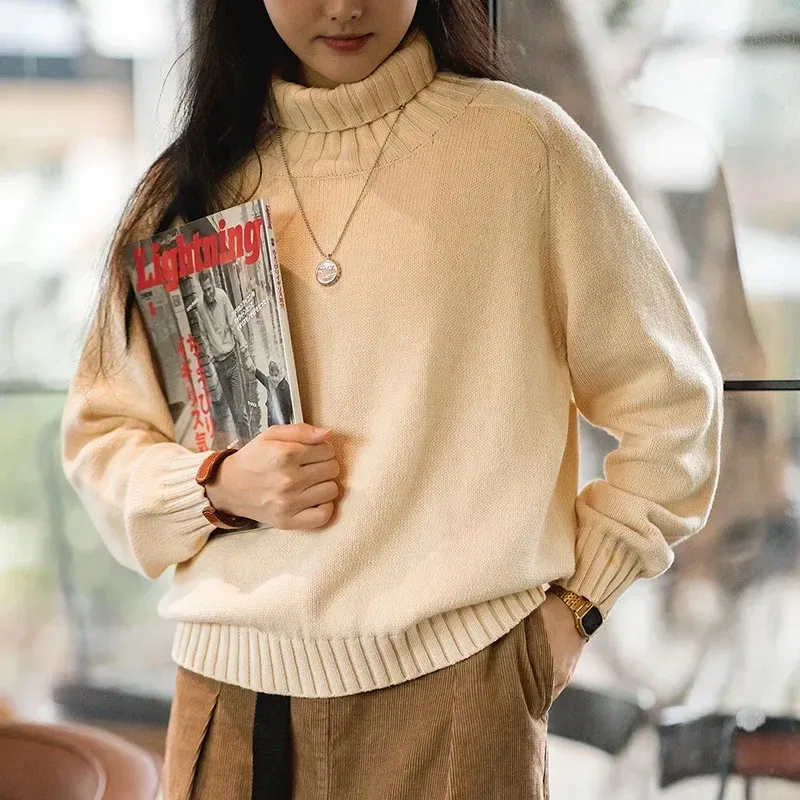 MADEN Damen-Pullover mit Stehkragen, 2024, Herbst und Winter, verdickte warme Strickwaren, Weizen-Scheiben-Textur-Pullover, beige Pullover-Tops