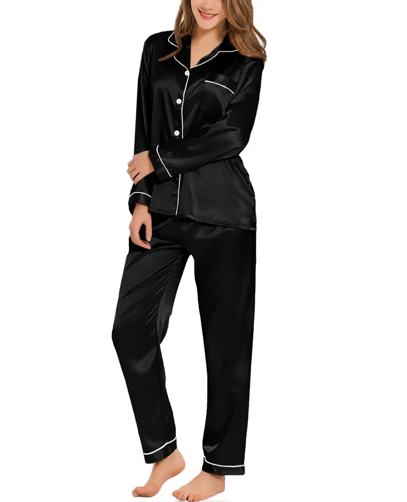 Damen-Pyjama aus Seidensatin, Loungewear, zweiteilige Nachtwäsche, Button-Down-Pyjama-Set mit langen Ärmeln