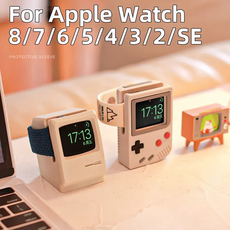 Desktop-Halter für Apple Watch, Ladeständer, Retro-Computer-Muster, Ladestation für iWatch 8, 7, 6, 5, 4, 3, 2, SE, Silikon-Dock