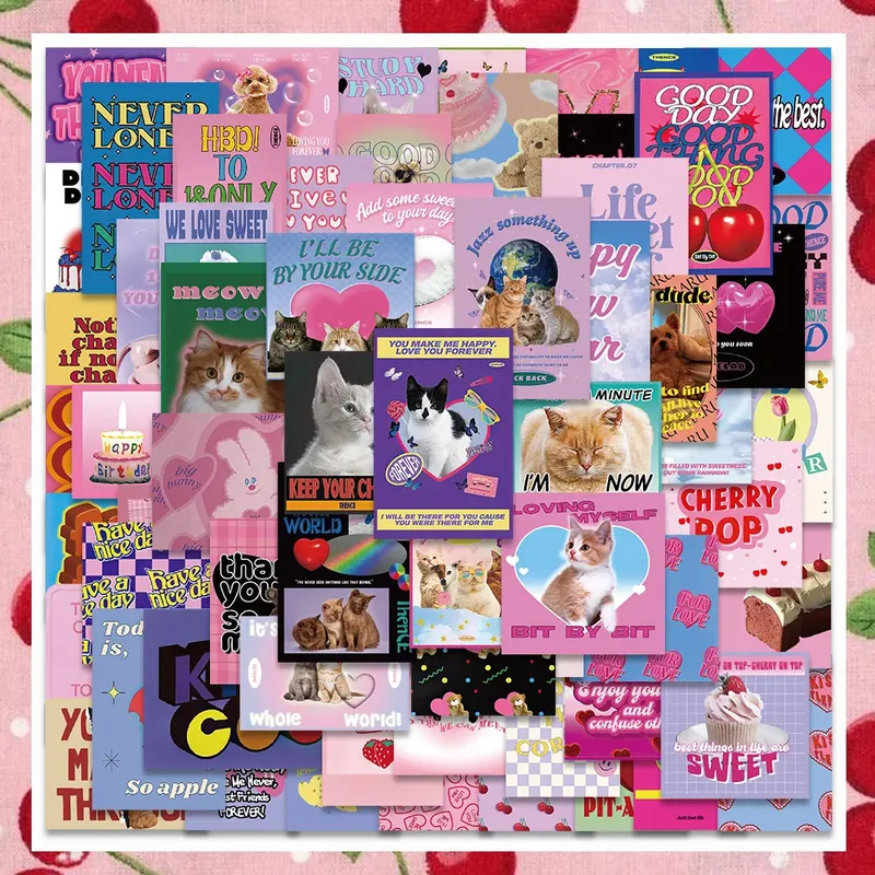 62PCS Amerikanischen Retro Rosa Nette Katze Mädchen Kawaii Cartoon Aufkleber Auto Laptop Sammelalbum Planer Aufkleber Schreibwaren Telefon Aufkleber