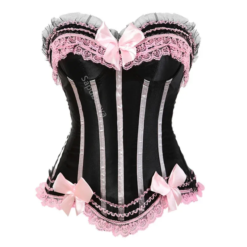 Sapubonva Schnürkorsetts Bustiers Top sexy Satin Vollbrustkorsett gestreift Damen Satin Halloween große Größe rot schwarz rosa Korsett