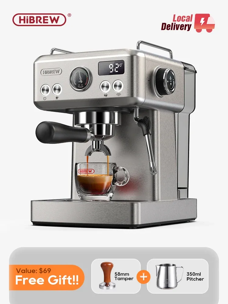 HiBREW 20Bar halbautomatische Espressomaschine, temperaturverstellbar, 58 mm Siebträger, Kalt-/Heiß-Kaffeemaschine, MetallgehäuseH10A