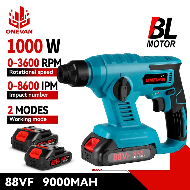 ONEVAN 1000W Elektrischer Hammer 8600IMP Multifunktions-Akku-Schlagbohrschrauber Hammer LED-Elektrowerkzeug für Makita 18V Batterie Pin