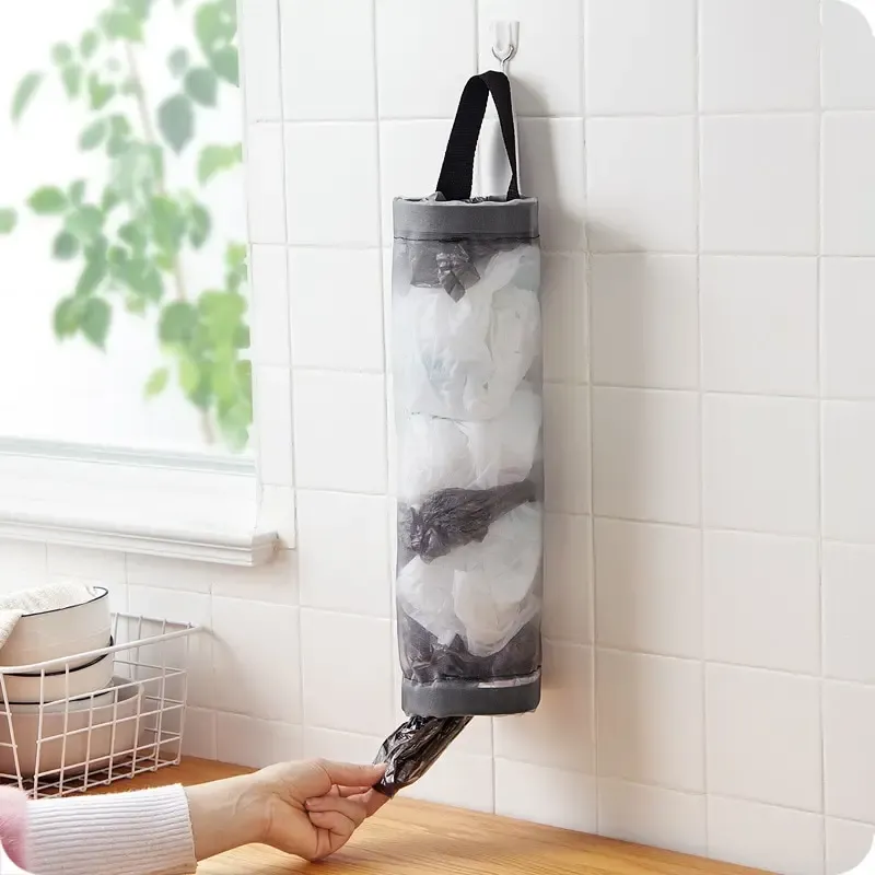 1pc Grau Kleinigkeiten Tasche Lagerung Wand Halterung Mesh Kunststoff Taschen Spender Hängen Wiederverwendet Lagerung Beutel Müll Taschen Küche müll Org