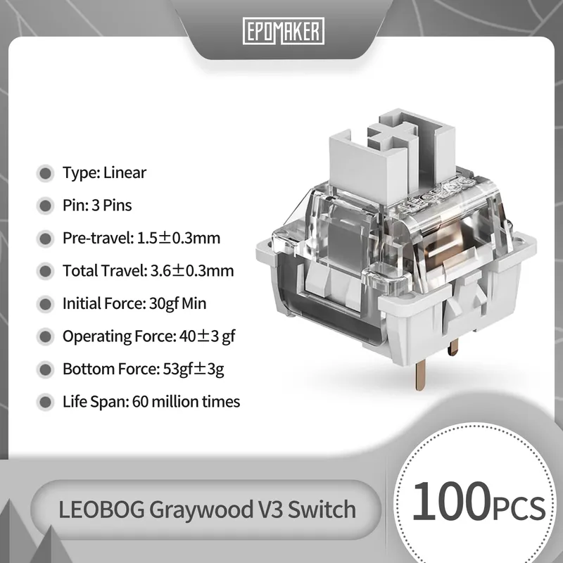 100-teiliges LEOBOG Greywood V3-Schalter-Set, linear, 40 g, 3-polig, zum Selbermachen mechanischer Tastaturen