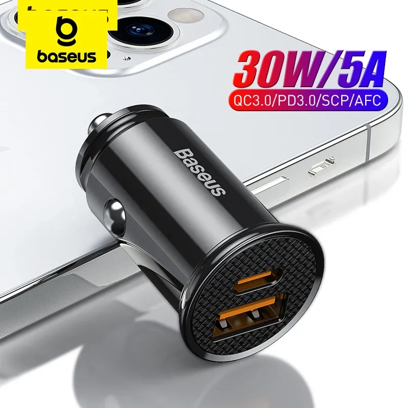 Baseus 30W USB-Autoladegerät Quick Charge 4.0 3.0 FCP SCP USB PD für Xiaomi iPhone 12 13 14 15 Pro Schnelllade-Autotelefon-Ladegerät