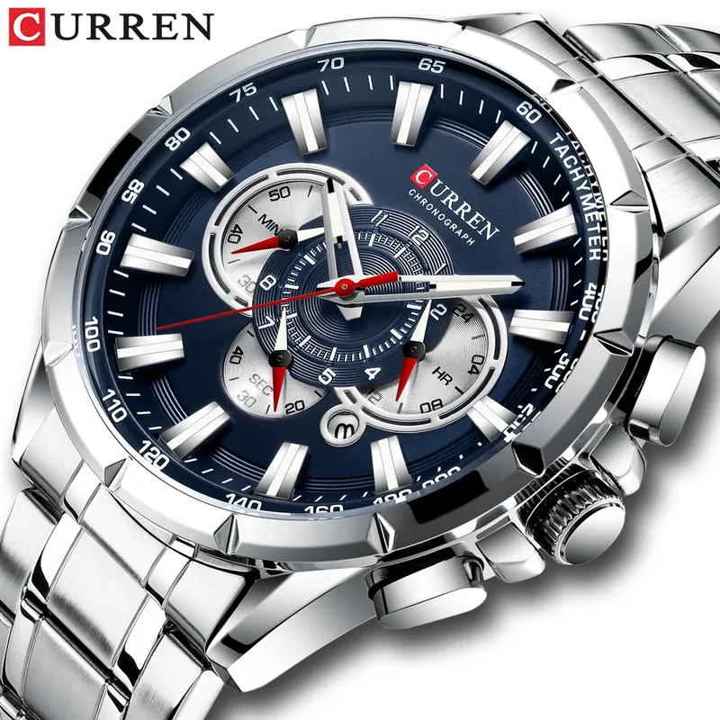 CURREN Neue Casual Sport Chronograph Herrenuhren Edelstahlband Armbanduhr Großes Zifferblatt Quarzuhr mit leuchtenden Zeigern