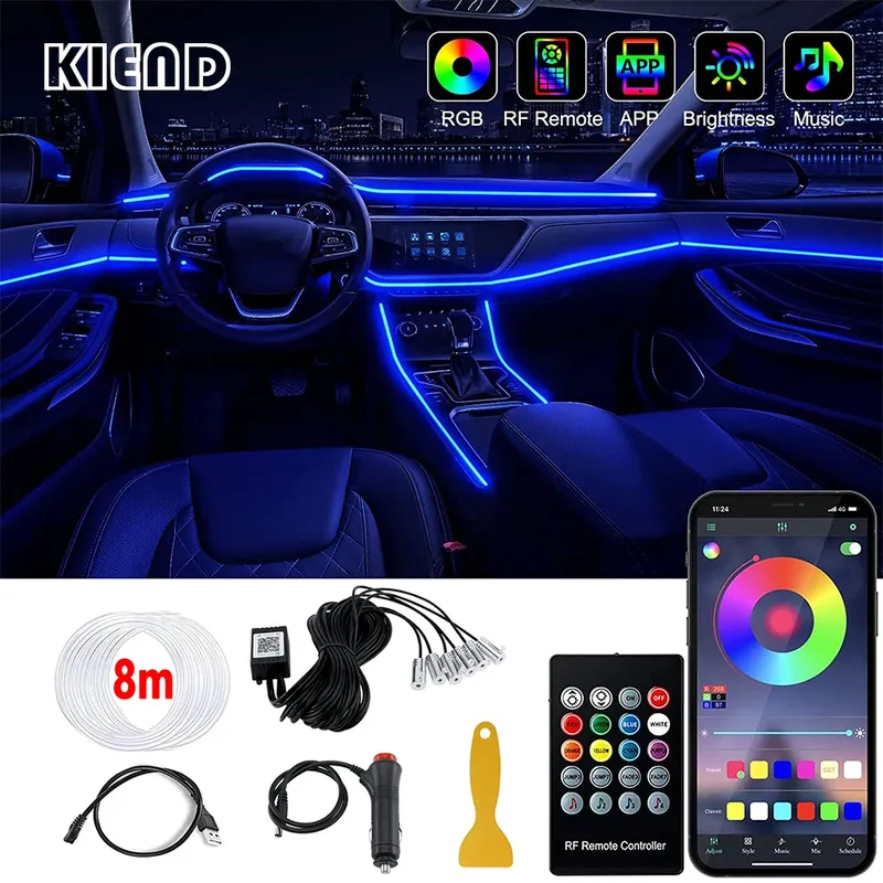 LED Auto Innenraum Umgebungs streifen Lichter RGB Glasfaser Atmosphäre Neon beleuchtung Kit mit App Fernbedienung Auto dekorative Lampen