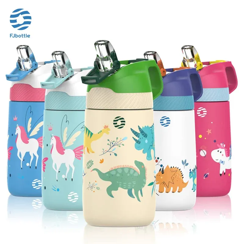 FJbottle Kinder-Wasserflasche, Vakuumschicks, Thermoskanne mit niedlichem Dinosaurier-Muster, Vakuumflasche mit gesundem Strohhalm und BPA-frei, 350 ml