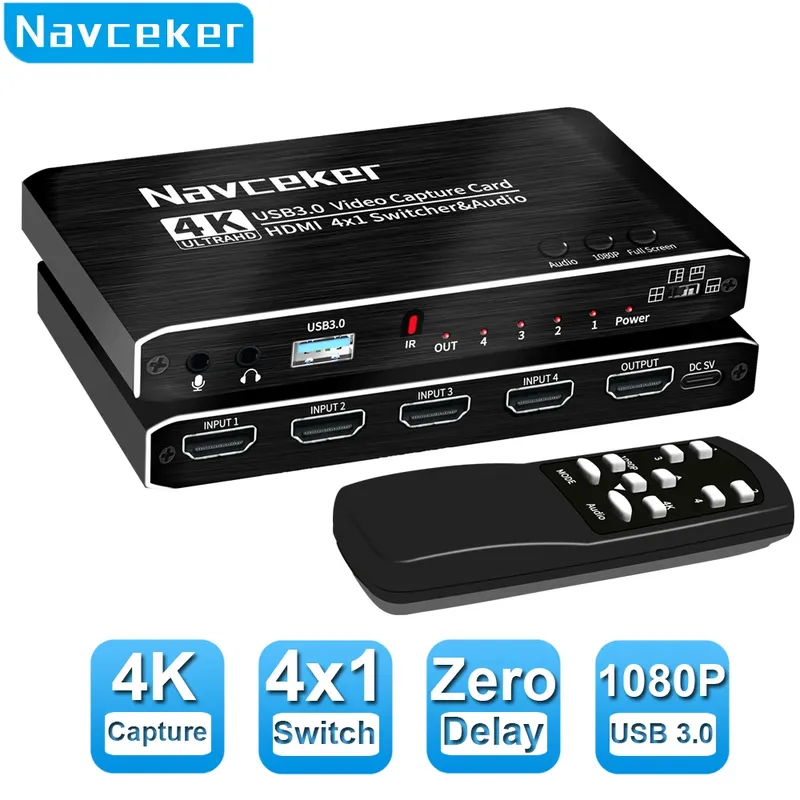 2023 4 Port 4K Video Capture Card USB 3,0 HDMI-kompatibel Grabber Recorder Nahtlose Schalter für Kamera Aufnahme live-Streaming