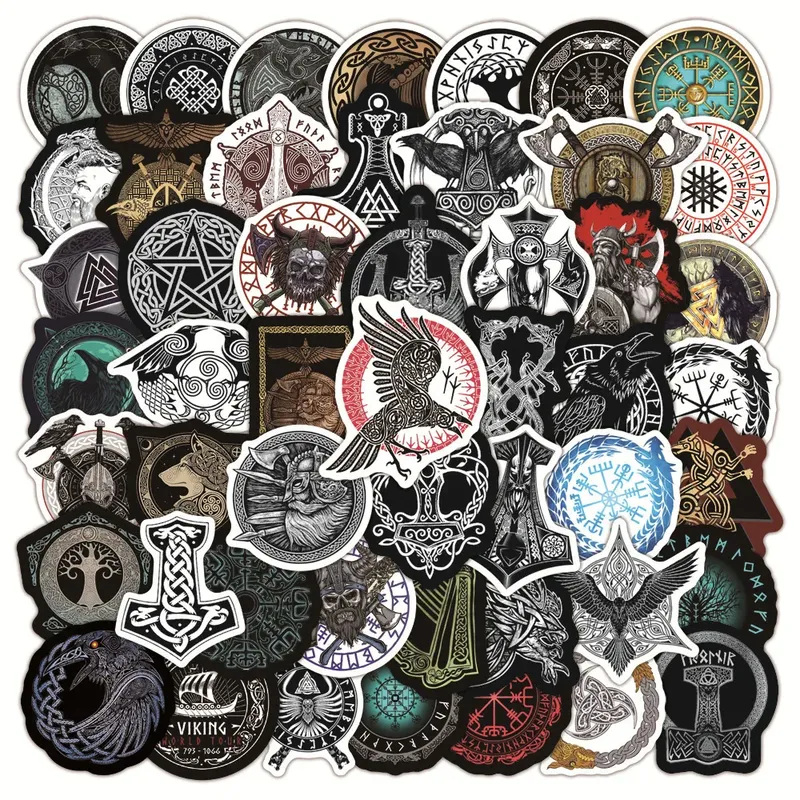50 Stück geheimnisvolle Wikinger-Piraten-Stil-Aufkleber, Frost, nordischer Riesenwolf, Verteidigung, Totem-Symbol, Rune, Spielzeug, coole Aufkleber