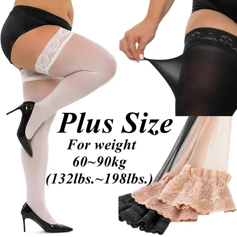 Spitzenoberteil in Übergröße über dem Knie, oberschenkelhohe lange Socken, rutschfeste Strümpfe für übergroße Frauen, durchsichtig, sexy, weiß-schwarzer Strumpf 5XXXL