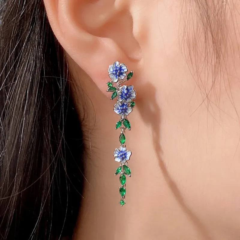 Huitan Vintage Emaille Blume Baumeln Ohrringe Frauen Temperament Blau Trompete Blume Lange Ohrringe Hochzeit Party Ästhetischen Schmuck