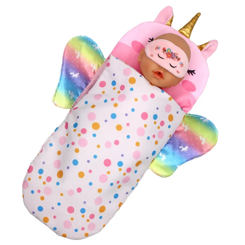 Puppenschlafsack für 43 cm große Puppen, schönes Einhorn-Kissen, 17–18 Zoll Baby, Neugeborene, Puppen, Zubehör, amerikanisches Mädchen-Geburtstagsgeschenk