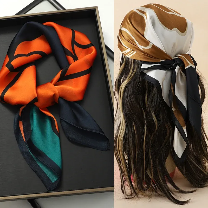 Luxus Marke 2023 Seide Quadrat Schal Frauen Katze Hals Haar Krawatte Band Strand Hijab Kopftuch Kopf Stirnbänder Bandana Weiblich Foulard 70 cm