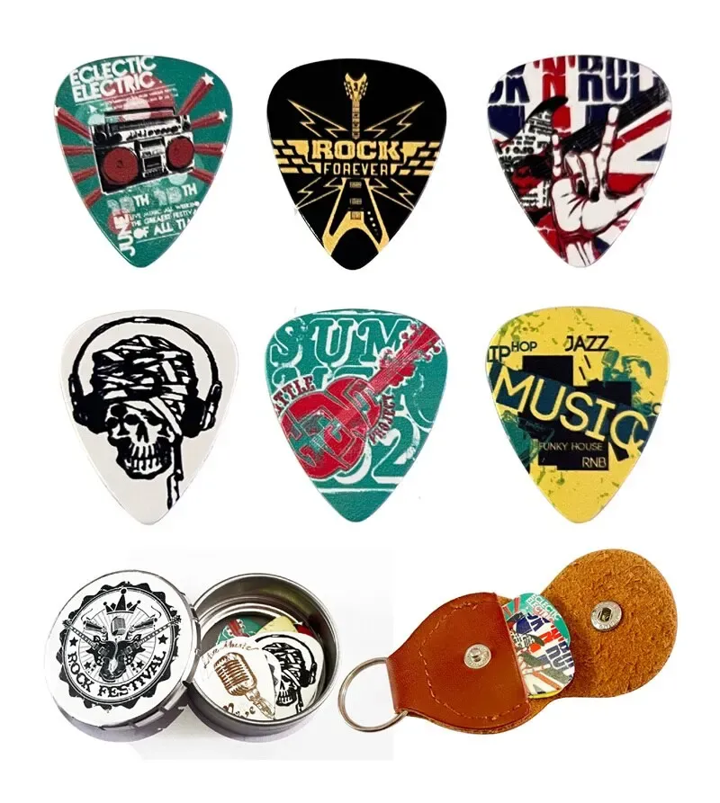 Gitarrenplektren, 6-teilig, coole Zelluloid-Gitarrenplektren in einer Box mit Plektrenhalter, einzigartiges Gitarrengeschenk