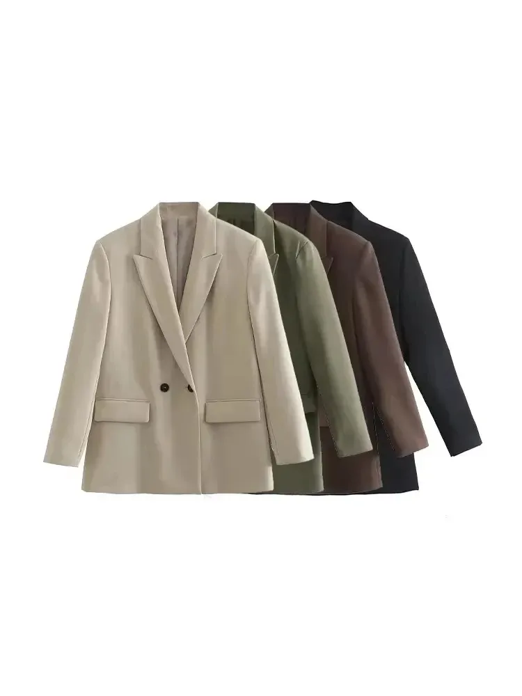 Frauen Mode Zweireiher Lose Anliegende Blazer Mantel Vintage Langarm Taschen Weibliche Oberbekleidung Chic Veste Femme - 23.62 EUR