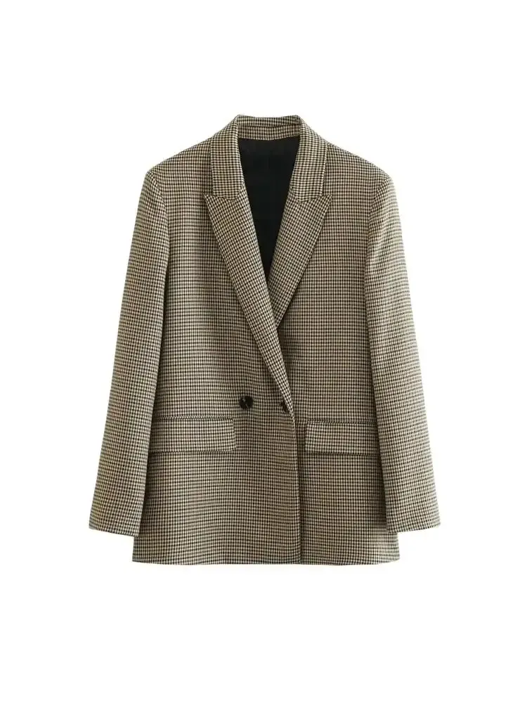 Frauen Mode Zweireiher Plaid Blazer Mantel Vintage Langarm Patten Taschen Weibliche Oberbekleidung Chic Vestes Femme