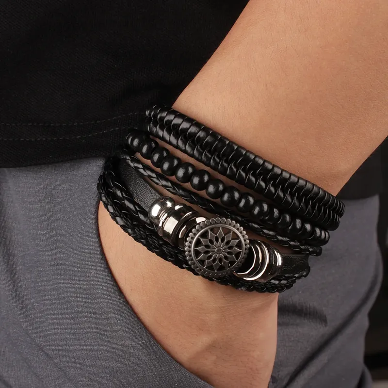 armband herren 4 Teile/satz Geflochtene Wrap Leder Armbänder für Männer Vintage Leben Baum Ruder Charme Holz Perlen Ethnische Tribal Armband Seil Armband