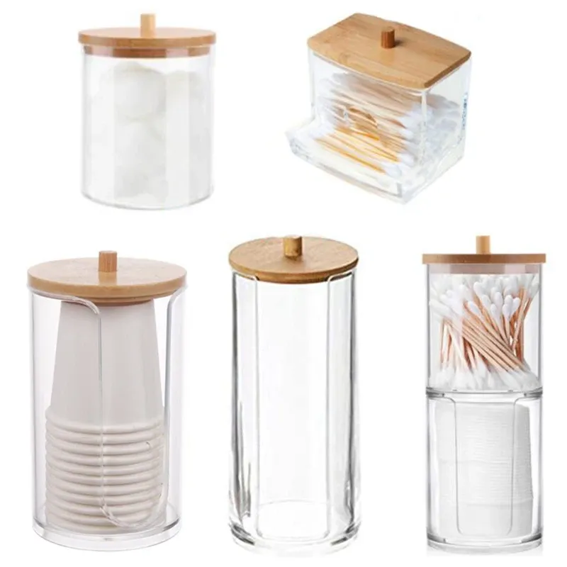 Acryl Aufbewahrungsbox Badezimmer Glas Make-up Organizer Baumwolle Runde Pad Halter Wattestäbchen Box Qtip Halter Spender mit Bambusdeckel