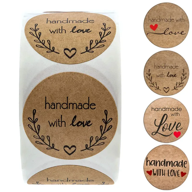 100–500 Stück 2,5 cm Vintage-Kraftpapier, handgefertigt mit Liebe, Aufkleber für Paket, Dankeschön, Briefpapier, selbstklebende Etiketten, Backsiegel
