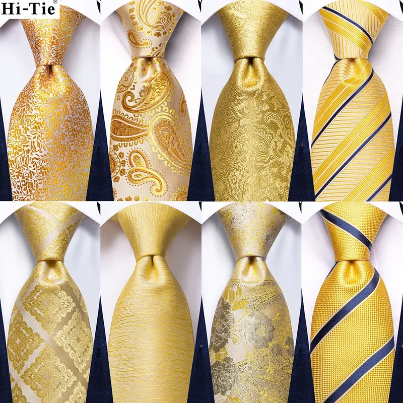 Elegante Krawatte für Männer 2023, neues Design, Gelbgold, Paisley-Modemarke, Hochzeit, Party, Handky, Manschettenknöpfe, Großhandel, Hi-Tie