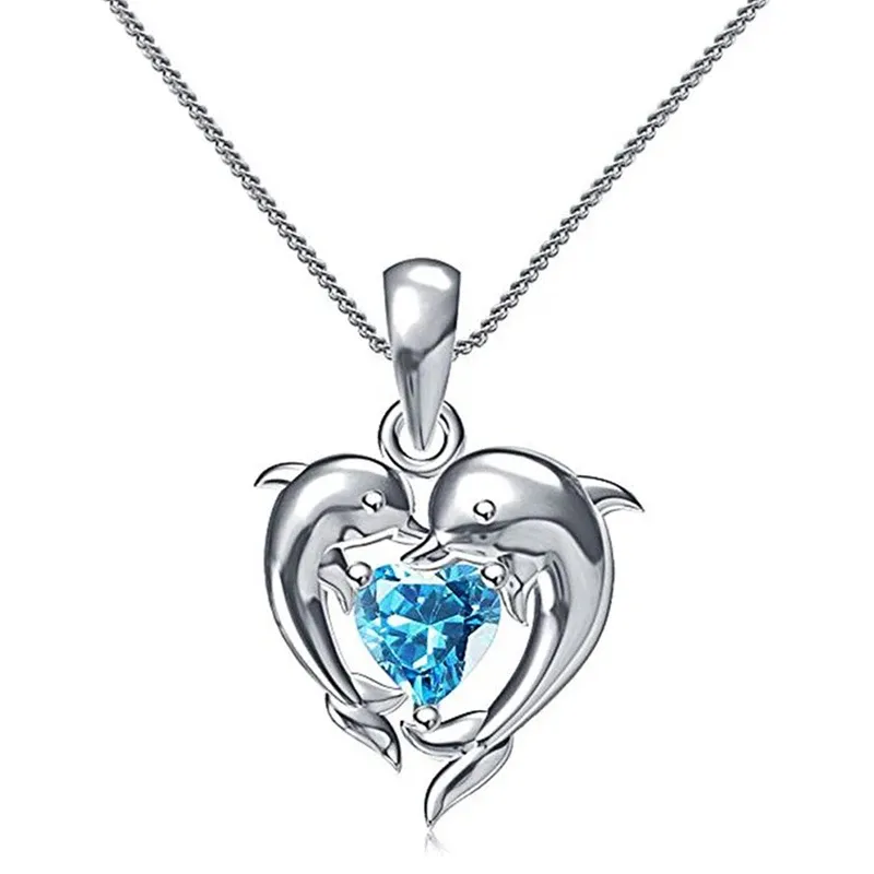 Huitan Paar Delphin mit blauem Herz CZ Halskette Frauen schicke Braut Hochzeit Schlüsselbein Kette Halsketten Fancy Gift Statement Schmuck