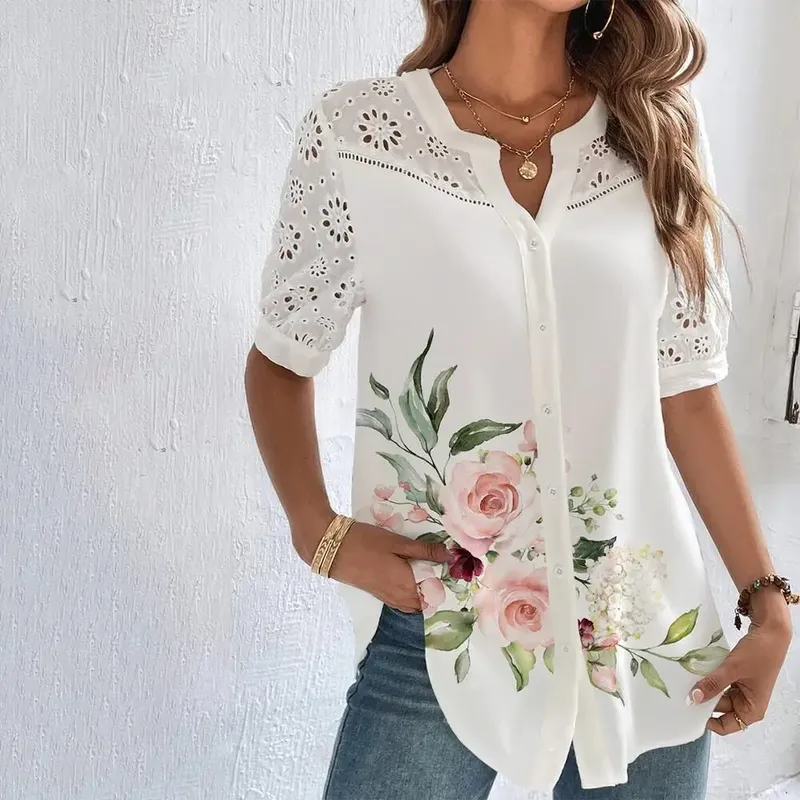 Temperament Casual Spitze Frau Hemd Mode Lose Hemd Frau Elegante Kurzarm Bluse Urlaub Wochenende