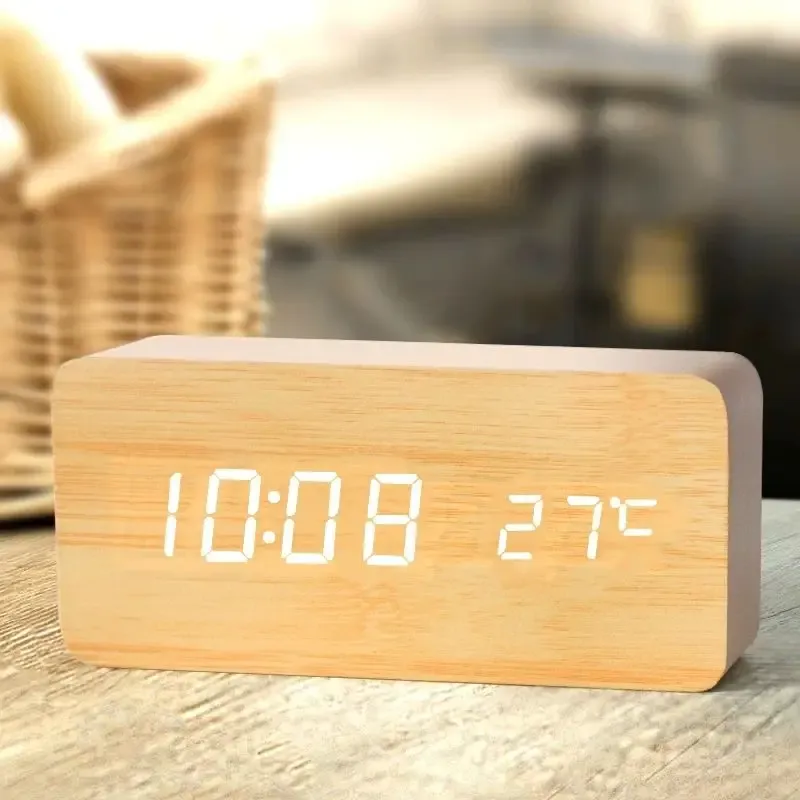 Digitaler Wecker aus Holz, LED-Wecker mit Temperatur-Schreibtischuhren für Büro, Nachttischuhr