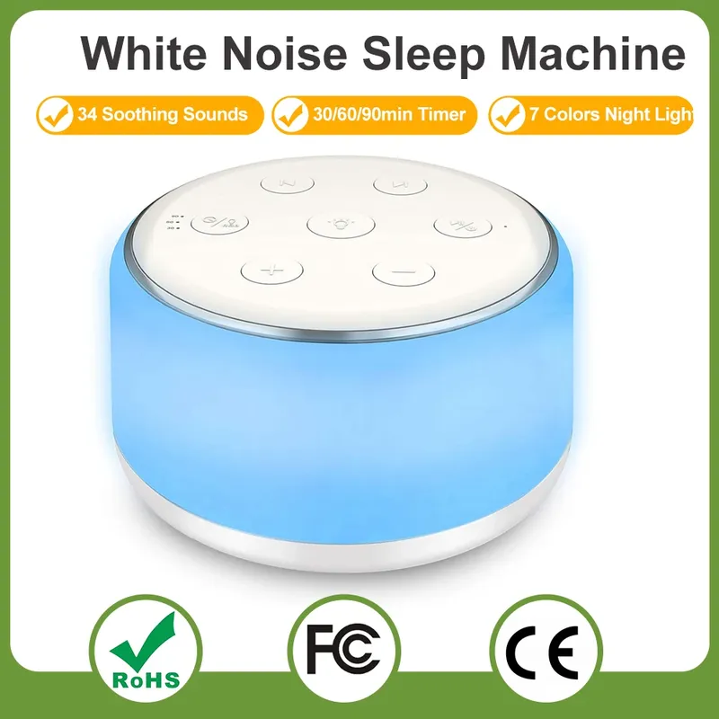 White Noise Machine Desktop-Schlafgeräuschmaschine für Babyschlafschnuller, 7 Farben, Nachtlichter, 34 beruhigende Geräusche und Timer