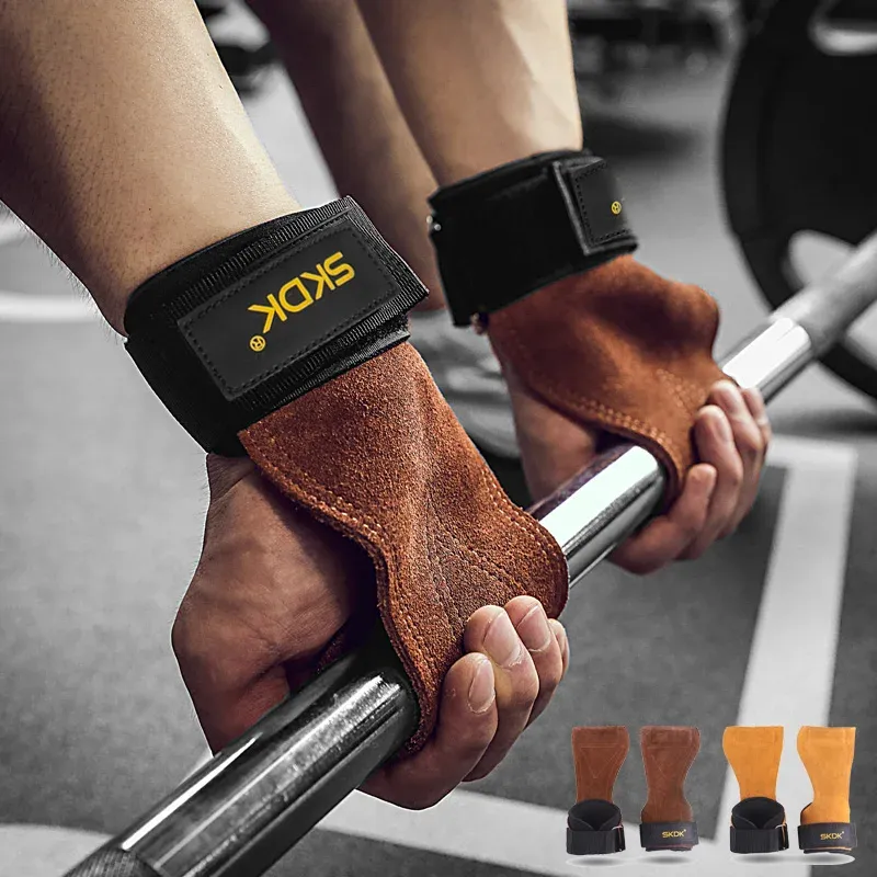 Gym Griffe für Männer Frauen Rindsleder Palm Guards Gewichtheben Fitness Workout Handschuhe Griffe mit Handgelenk Wraps Training Ausrüstung