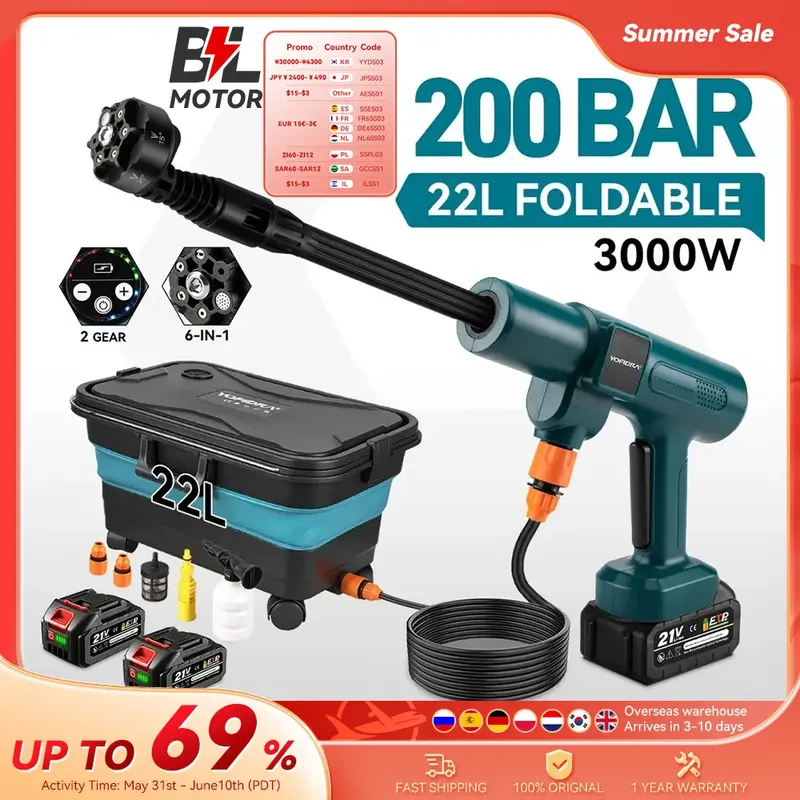 YOFIDRA 200Bar Bürstenloser Hochdruckreiniger Elektrische Wasserpistole mit Eimer Autoreiniger Sprühpistole für Makita 21V Akku