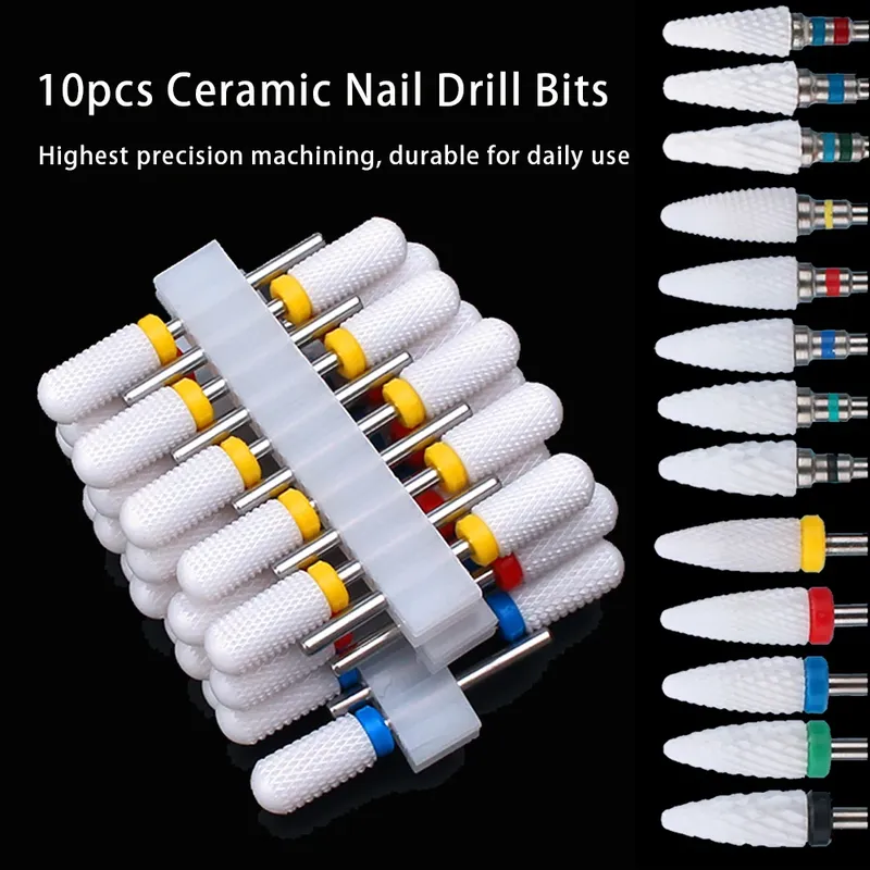 10 stücke Keramik Nagel Bohrer Set Fräser für Elektrische Maniküre Bit Flamme Mais Dateien Pediküre Maschine Polnischen Zubehör