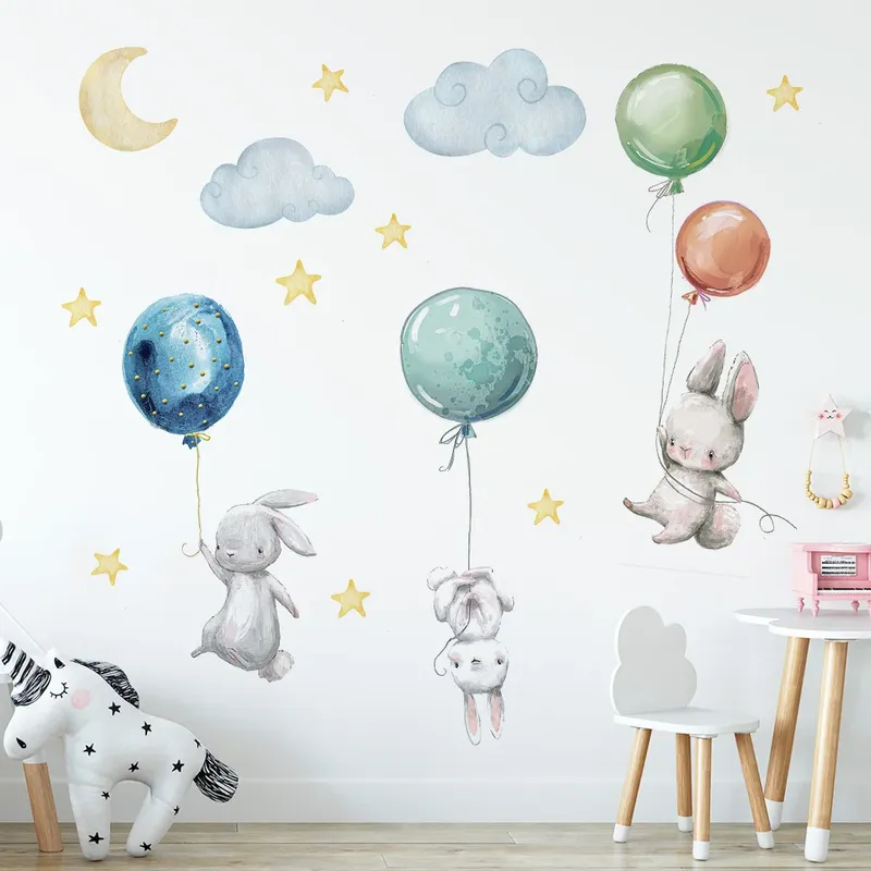 Niedliche schöne fliegende Kaninchen Wandaufkleber Luftballons Mond Stern Wolke abnehmbarer Aufkleber für Kinder Kinderzimmer Babyzimmer Dekor Poster Wandbild
