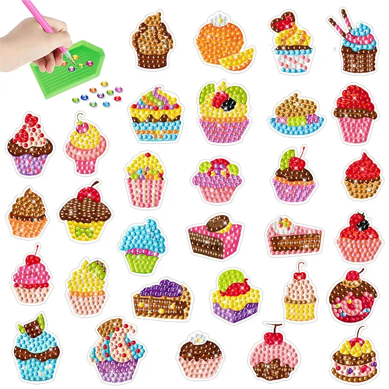 Cupcake-Diamant-Malerei-Aufkleber-Set, klebstoffförmige Farbe, markiert mit Diamanten nach Zahlen, 5D-DIY-Kunsthandwerksset, Geschenk für Kinder, Jungen und Mädchen