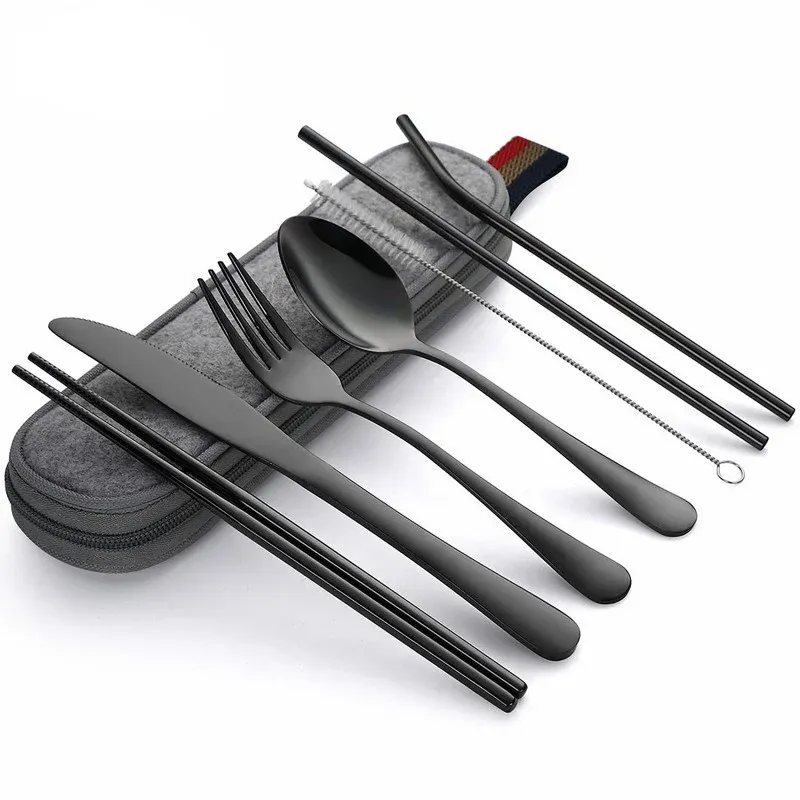 8 Teile/satz Geschirr Wiederverwendbare Reise Besteck Set Camp Utensilien Set mit edelstahl Löffel Gabel Stäbchen Stroh Tragbare fall