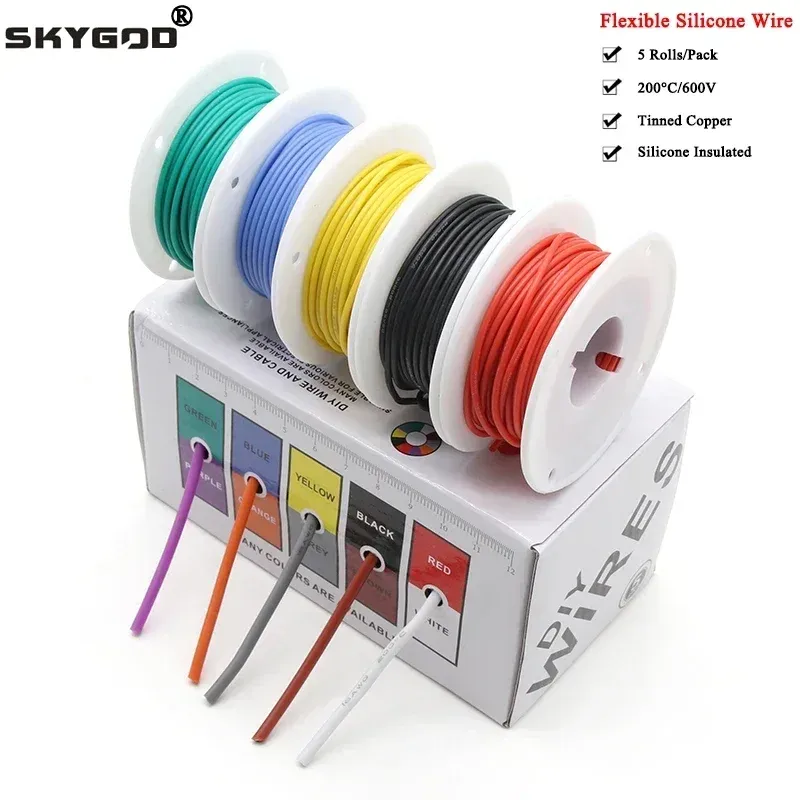 (5 Farben Mix Kit) Hitzebeständiger flexibler Silikondraht 30/28/26/24/22/20/18/16 AWG Gestrickte Kabel Elektrische verzinnte Kupferdrähte